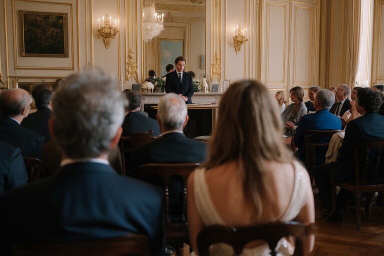 Wedding speech in an elegant historic room with guests listening attentively.