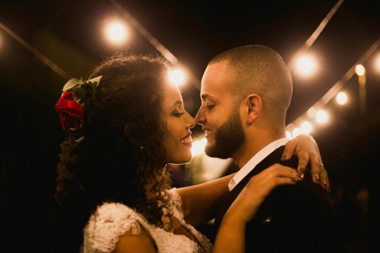 Romantic couple dancing at wedding reception in Fontainebleau.